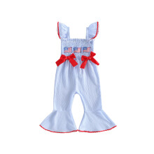 (2-3 Years, Blue) Baby Girl Patriotic Striped Romper Flag/Letter Embroidery Flutter Sleeves Jumpsuit for Toddler Cute Clothes