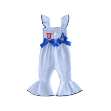 (6-12 Months, Sky Blue) Baby Girl Patriotic Striped Romper Flag/Letter Embroidery Flutter Sleeves Jumpsuit for Toddler Cute Clothes
