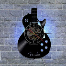 (Klassische Gitarre) Vinyl-Schallplatte Hohl Schwarz LED-Wanduhr Klassisches Gitarren-Mikrofon-Logo
