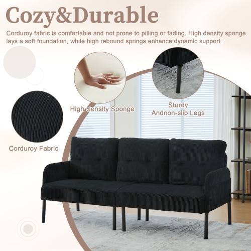 (Black) Modern Upholstered 3-Seater Sofa with Side Pockets & Armrests 2