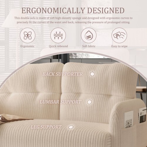 (Beige) Modern Upholstered 2-Seater Sofa with Side Pockets & Armrests 2