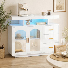 HOMCOM High Gloss Sideboard with LED Lights, Power Outlets, Drawers, White