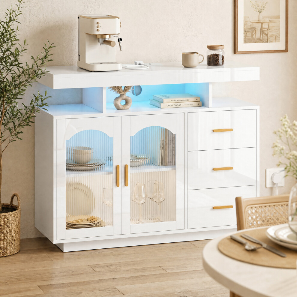 Homcom High Gloss Sideboard With Led Lights, Power Outlets, Drawers, White