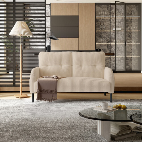 (Beige) Modern Upholstered 2-Seater Sofa with Side Pockets & Armrests 1