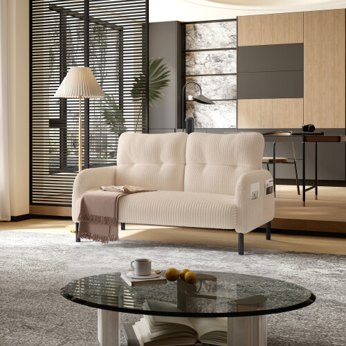 (Beige) Modern Upholstered 2-Seater Sofa with Side Pockets & Armrests