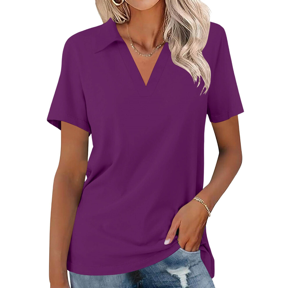 Purple Women's Shirts Short Sleeve V Neck Tops Business- Xl