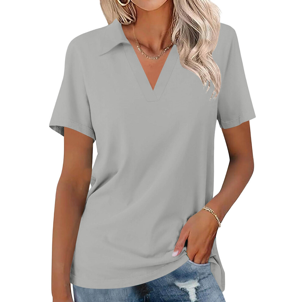 Gray Women's Shirts Short Sleeve V Neck Tops Business- Xl