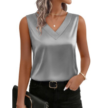 Women's silk  camisole, V-neck casual  top,-Silver XL