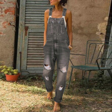 (XXL, Gray) Women's Washed Denim Bib Jeans Overalls Casual Ripped Denim Jumpsuits Rompers