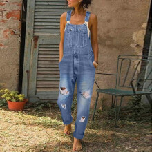 (S, Blue) Women's Washed Denim Bib Jeans Overalls Casual Ripped Denim Jumpsuits Rompers