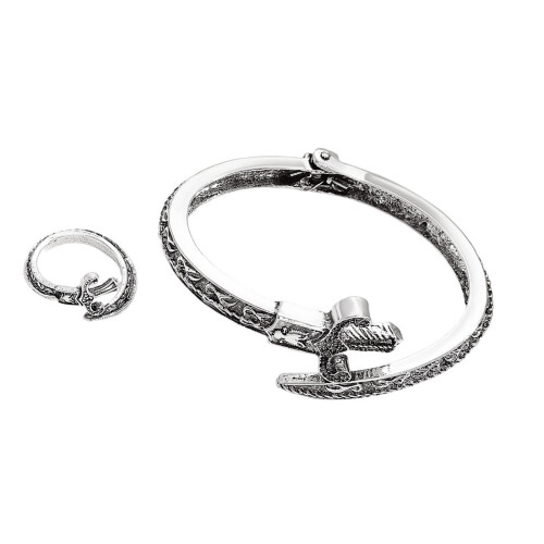 Elegant Snake Shape Open Bangle Bracelet and Rings Set-silver