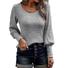 Women Pullover Top Rib Knit Lantern Long Sleeve U Neck Pure Color Sweater for Autumn Winter
