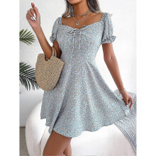 (L, Blue) Elegant Floral Print Dresses For Women Summer Dress Casual V-neck Short Puff Sleeve High Waist Swing Mini Dress