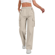 Womens & Ladies Cargo Pants High Waisted with Elastic Waistband, Soft Polyester Relaxed Fit Casual Pockets Beige S-XXL,Size 2XL