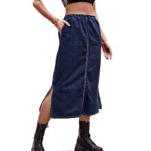 Denim Midi Skirt Elastic Waist Side Pocket Drawstring Split Denim Skirt for Women Dating