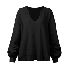 Women Sweatshirt U Neck Long Sleeve Waffle Pattern Pure Colour Pullover for Home Office