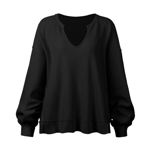 Women Sweatshirt U Neck Long Sleeve Waffle Pattern Pure Colour Pullover for Home Office