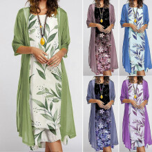 (3XL, Pink) 1 Set Office Lady Cardigan Dress Bamboo Leaves Large Hem Summer Vintage Elegant Dress Set For Party