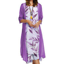(M, Purple) 1 Set Office Lady Cardigan Dress Bamboo Leaves Large Hem Summer Vintage Elegant Dress Set For Party
