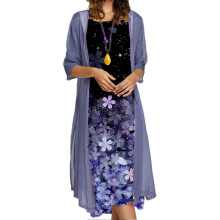 (3XL, Navy Blue) 1 Set Office Lady Cardigan Dress Bamboo Leaves Large Hem Summer Vintage Elegant Dress Set For Party