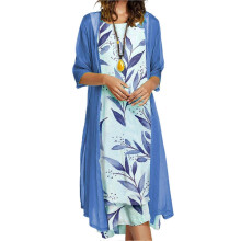 (L, Blue) 1 Set Office Lady Cardigan Dress Bamboo Leaves Large Hem Summer Vintage Elegant Dress Set For Party