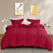 (Red, Super King) Plain Dyed Duvet Quilt Cover with Pillowcase Bedding Set Quilt Cover Set Single Double King Size