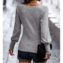 Women Pullover Top Rib Knit Lantern Long Sleeve U Neck Pure Color Sweater for Autumn Winter