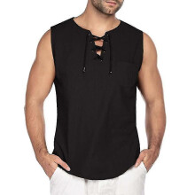 (Black, S) Mens Summer Sleeveless T-shirt Lace Up Fashion Plain Vest Tank Tops