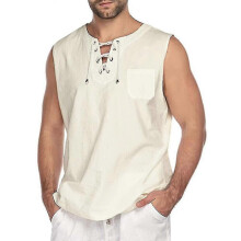 (Beige, L) Mens Summer Sleeveless T-shirt Lace Up Fashion Plain Vest Tank Tops