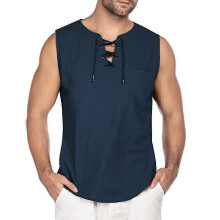 (White, M) Mens Summer Sleeveless T-shirt Lace Up Fashion Plain Vest Tank Tops
