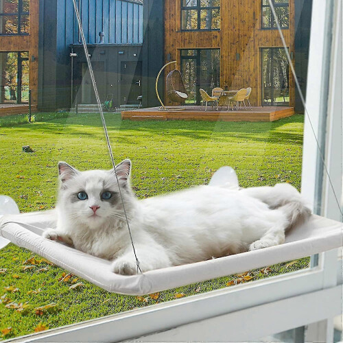 (Grey) Warm Cat Window Perch With Strap & Suction Cups, Waterproof Cat Window Hammock Space Saving Cat Window Bed Seat