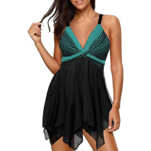 Womens Two Piece Mesh Print Tummy Control Swimdress Tankini Swimsuit