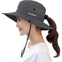Ponytail s for WomenWide Brim Summer Safari Beach HatOutdoor UV Protection Bucket Fishing Hat-Pure Grey