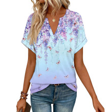 Women's Short Sleeve V-Neck Blouses, Work Blouses,-Sky Blue S