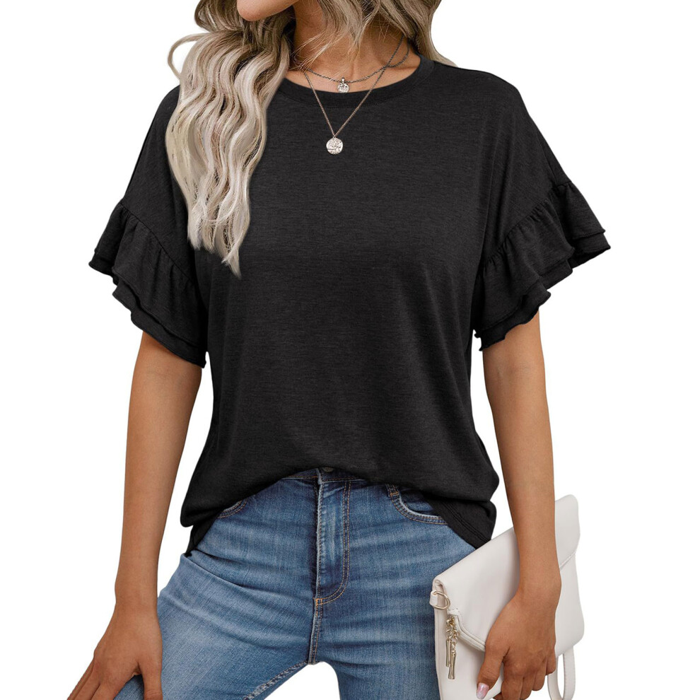 Black Women's Ruffle Short Sleeve Shirts Casual Crewneck - L