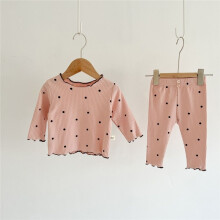 (Pink pants without buttons, 110cm) Girls home wear autumn new baby girl long-sleeved ice silk rib pit strip pajamas two-piece