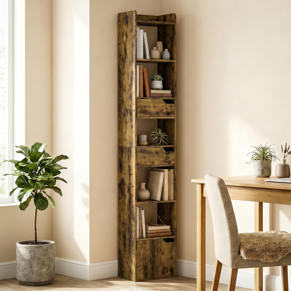 Homcom (Brown) Bookcase Tall Narrow With 5 Tiers Drawers