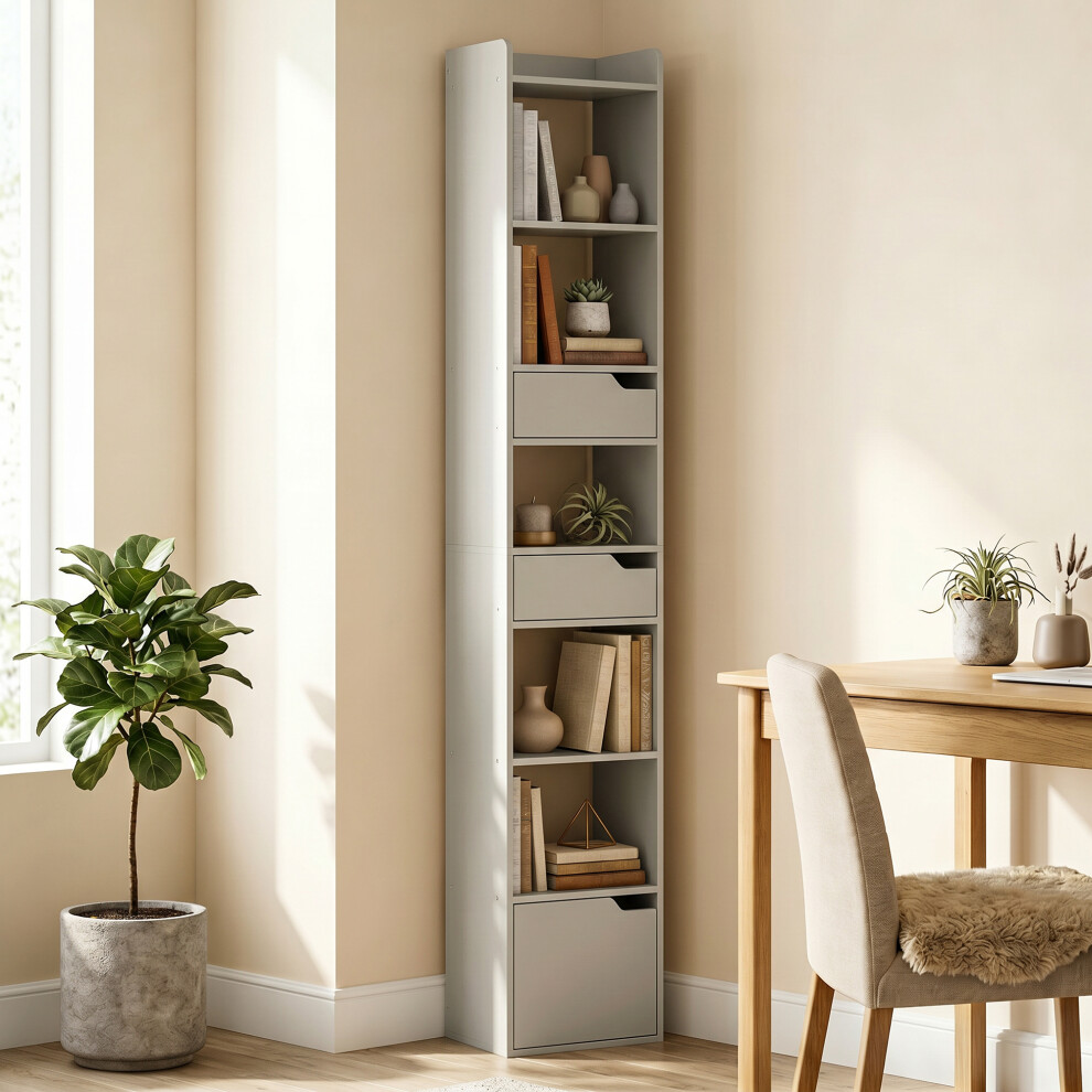Homcom (Grey) Bookcase Tall Narrow With 5 Tiers Drawers