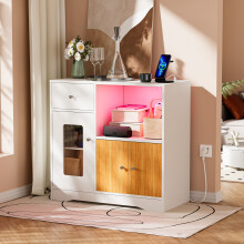 UK Plug Charging Corner Sideboard, Wooden Cabinet with Drawer & Double Door, Microwave Storage Unit for Kitchen Living Room