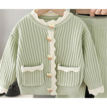 (Green top, 100cm) Girls Sweater Knitted Jacket 2026 Autumn New Little Girls Pants Two-piece Set Girls Cardigan Knitted Suit
