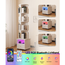 4-Tier Rotatable Wooden Bookshelf with Wheels, Bluetooth LED Light & Single Drawer, Mobile Storage Shelf for Study