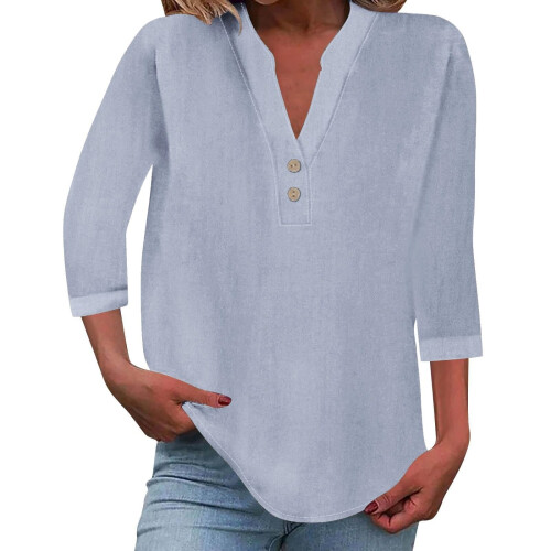 Women's cotton and linen shirt, solid color,-Light blue M