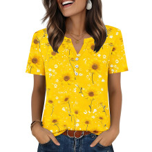 Womens Tops V Neck Short Sleeve Shirts Casual Blouse-Yellow M
