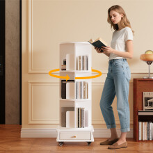 3-Tier Rotatable Wooden Corner Bookshelf Mobile Storage Bookcase with Drawer & Wheels Home White