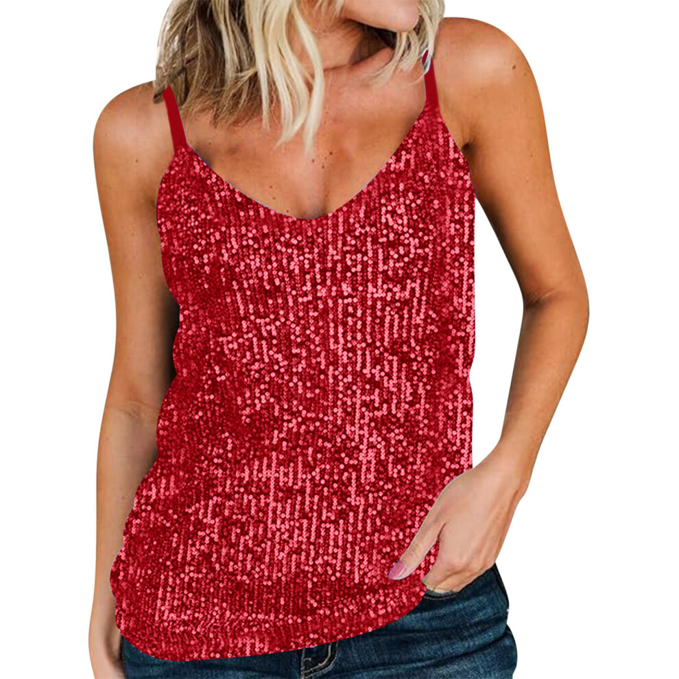 Red Sequins Tank Tops V Neck Sleeveless Sparkly Fashion- L