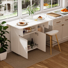 Wheeled Wooden Folding Table with Cabinet & Open Shelf, Multipurpose Movable Desk for Kitchen Bedroom Living Room