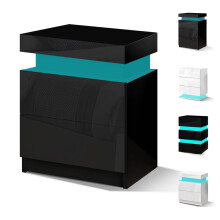 (Black - 2 Drawers) ELFORDSON Bedside Table LED Cabinet High Gloss Nightstand Bedroom