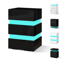 (Black - 3 Drawers) ELFORDSON Bedside Table LED Cabinet High Gloss Nightstand Bedroom