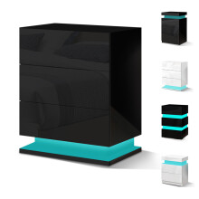 (Black - 3 Drawers) ELFORDSON Bedside Table LED Cabinet High Gloss Nightstand Bedroom