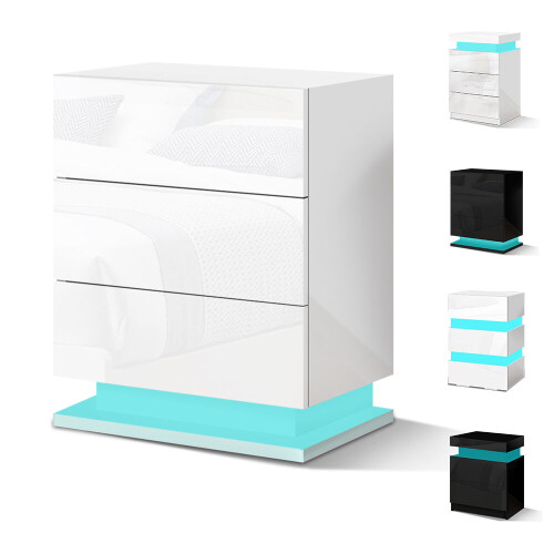 ELFORDSON (White - 3 Drawers) ELFORDSON Bedside Table LED Cabinet High Gloss Nightstand Bedroom